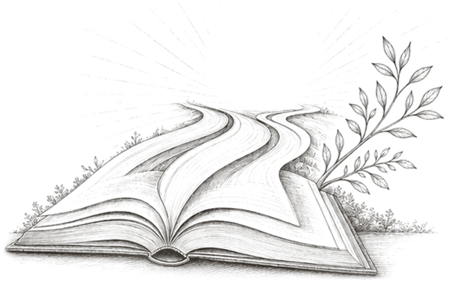 Gravure : un livre ouvert dont les pages se transforment en chemin